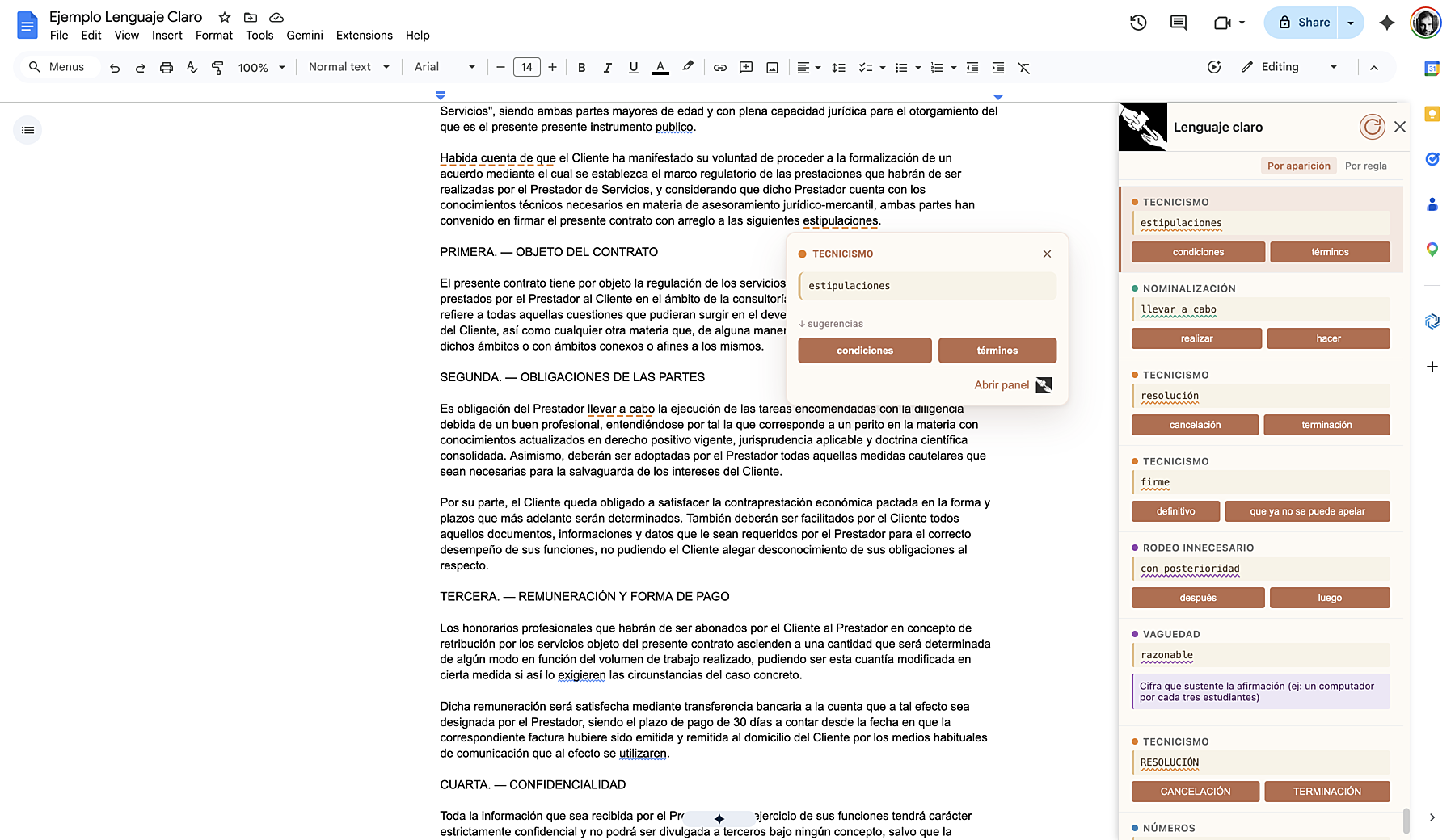 Captura de Google Docs con la extensión Lenguaje Claro abierta en el panel lateral, mostrando sugerencias de arcaísmos, tecnicismos y números en un contrato de ejemplo.